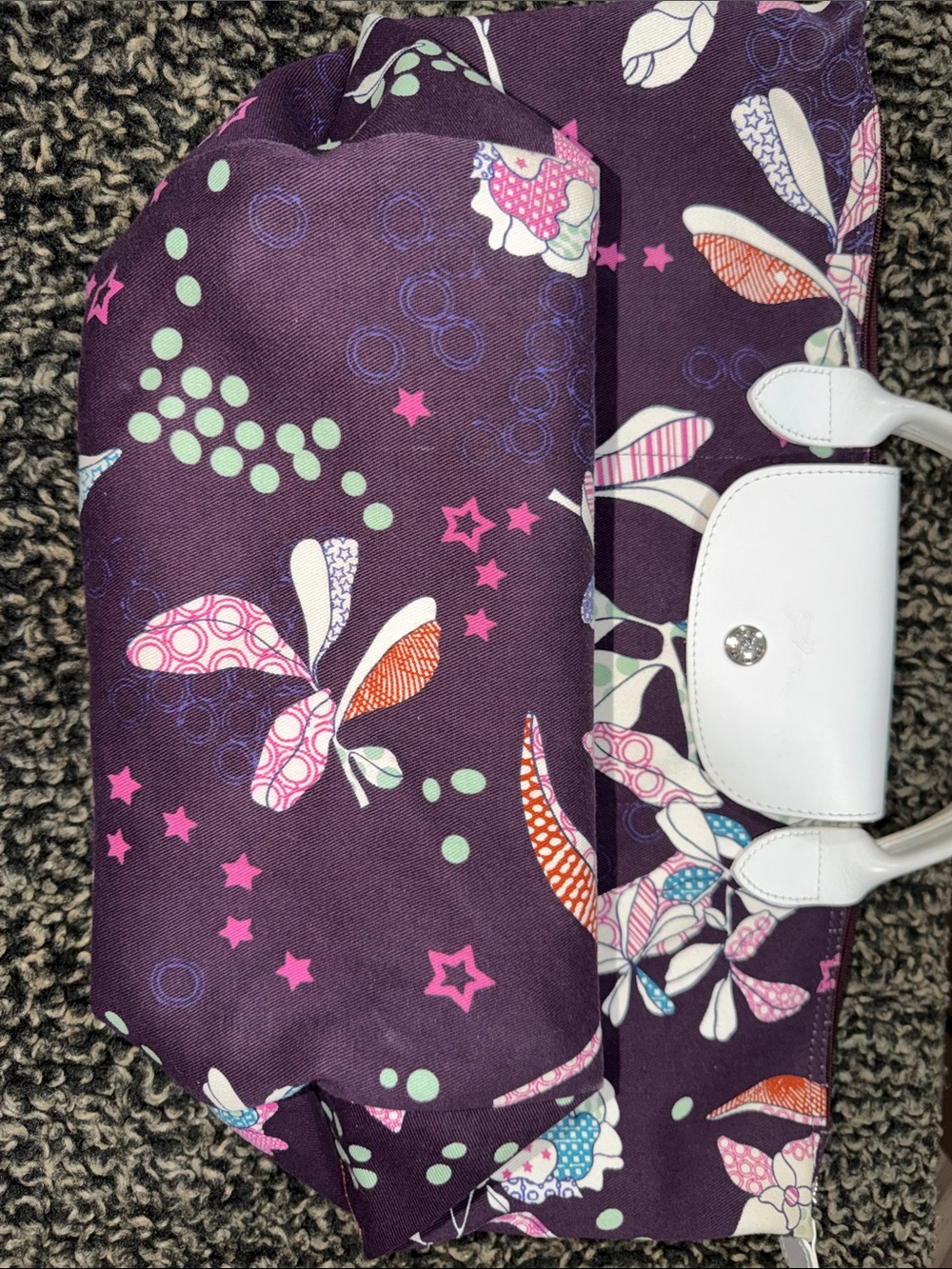 Longchamp Floral Pattern Tote Bag with White Handles - Purple - Picture 4 of 7